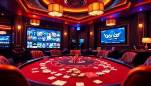 Experience the thrill of gaming at Trang Chủ QQ88 with vibrant casino elements showcasing poker chips and cards.