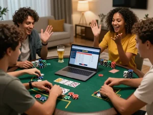 Friends enjoying a lively gaming night with the gem88 online casino platform.