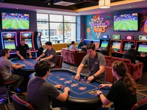 Exciting taihitclub gaming lounge with players enjoying live games, vibrant atmosphere.