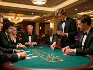 Players engaging at the baccarat table, showcasing kèo nhà cái betting strategies in a luxurious casino.