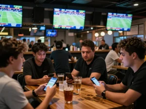 Engaging moment of sports fans excitedly using the Link nhà cái Da88 for live betting during a game