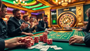 Players enjoying a thrilling game of poker at 28bet's luxurious casino.
