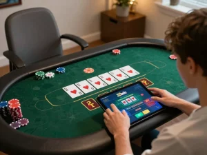 Player engaging with 32win online casino app, vibrant poker game interface on tablet