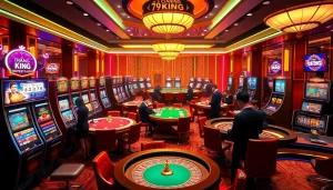 Action-packed view of a luxury casino capturing the excitement of players at trang chủ 79king slot machines and tables.