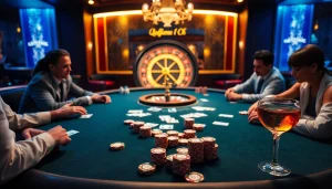 Players enjoying intense poker at QQ88 COM with vibrant chips and cards in a luxurious casino setting.