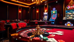 Gambling excitement at https://one88qq.com with a luxurious casino setup featuring roulette and poker games.