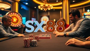 SX88 features players in an intense poker game at a luxurious casino table, showcasing excitement and high-stakes gambling.