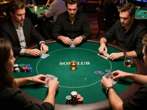 Players enjoying an exciting poker game at SONCLUB, showcasing strategy with cards and chips