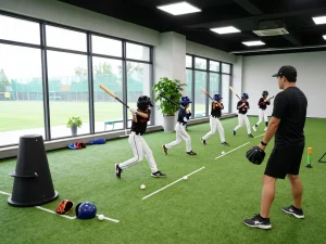 Young athletes at a hit club training facility practicing baseball skills.