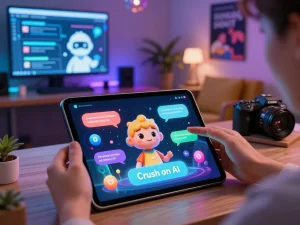 User engaging with a virtual character representing crush on ai in a vibrant tech workspace with holographic elements.