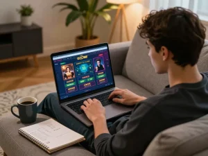 Engaging in online gambling at home using link sungaitoto on a laptop for strategic betting.