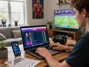 Exciting online gambling experience with rikbet on laptop, vibrant atmosphere in a home office