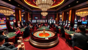 Experience the excitement of sc88 at a luxurious casino with vibrant tables and thrilling slot machines.