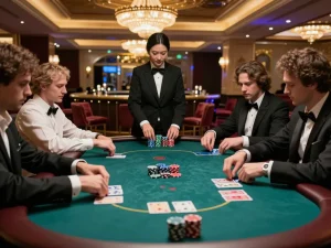 Players engaging in a poker game at nhà cái bl555, showcasing strategic gameplay in a luxurious casino.