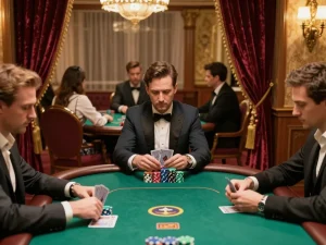 Experience high-stakes poker gameplay at https://tip88xyz.com/ with focused players, stacked chips, and elegant decor