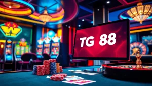 Experience the excitement of TG88 with a vibrant online casino scene featuring poker tables and slot machines.
