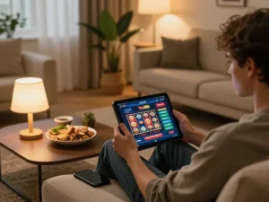 Engaging with the Red88 uy tín casino app on a tablet in a cozy living room setting.