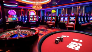 Engaging gamblers at 888NEW with a vibrant casino scene showcasing roulette, poker, and slot machines.
