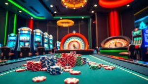 Engage in exciting gameplay at LU88.soccer with vibrant casino visuals featuring modern betting tables and slot machines.