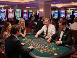 Players excitedly placing bets at a SHBET roulette table, capturing the vibrant casino atmosphere.