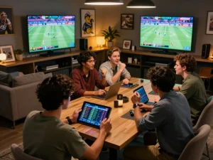 Engaging sports betting at https://ga88bet.com/, with friends analyzing stats and celebrating in a vibrant sportsbook setting.