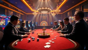 Exciting gambling action at nhà cái kim88 with players at the poker table and vibrant slot machines.
