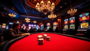 Engaging gamblers at a vibrant casino featuring newphim themed poker and slot machines.