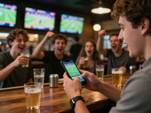 Engaging in live sports betting with the Link nhà cái Sky88 on a smartphone in a lively bar.