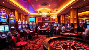Exciting gambling scene at 78WIN casino with poker tables and slot machines.