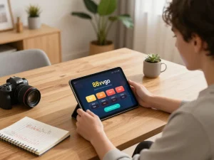 Person using the 88vvgo app for online gambling in a cozy home setup with strategic notes.