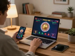 Engaging in online gaming at home with gamebaidoithuong8, featuring laptop and smartphone for strategic betting.