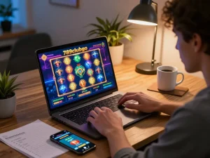 Engaged player enjoying the vibrant slot games on 789clubgo from a cozy home office.