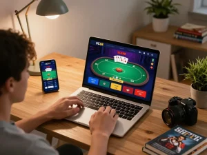 Engaging with SC88's online poker interface, showcasing a vibrant home gaming scene.