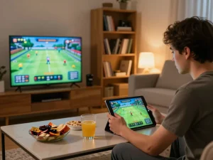 Bắn cá đổi thưởng game being played on a tablet in a cozy living room, showcasing modern gaming experience.