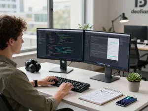 Moltbot mac setup featuring developer with MacBook and coding on dual monitors in a modern workspace.