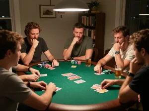 Players enjoying a lively poker night at home, showcasing strategic moves and engagement in sv66
