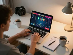 Engaged player exploring online casino games on laptop at home while maintaining responsible gambling via lsa.