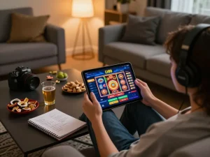 Engaged player enjoying the LV88 casino app on a tablet in a cozy home setting.