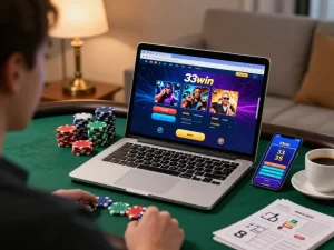 Engaging scene of online gaming with 33win interface on laptop, showcasing responsible gaming atmosphere.