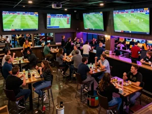 Socolive TV broadcast engaging football fans in a vibrant sports bar with live match excitement.