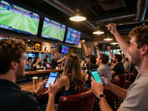 nhandinhkeonhacai engages users with sports betting excitement in a vibrant bar atmosphere.