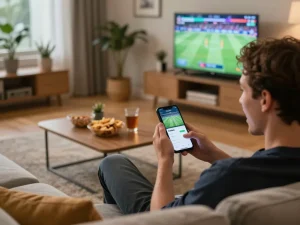 Experience sports betting excitement with Cakhia app on mobile device in cozy living room.