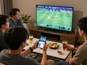 Bong88 user placing live bets while enjoying a sports game with friends in a lively atmosphere.