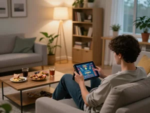Player enjoying casino games on a tablet at home, showcasing 58wiin gaming experience