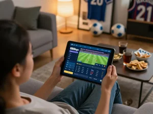 Engaging user betting on 888bgo platform from home, showcasing sports betting strategy in a cozy atmosphere.