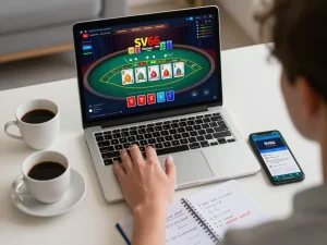 SV66 players engaging in strategic blackjack gameplay at home gaming setup