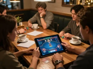 Engaging player enjoying 68gamebaivn poker on tablet in a cozy coffee shop setting.