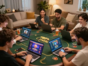 Players enjoying exciting games at 79win online casino in a vibrant home setting, celebrating wins with drinks and smiles.