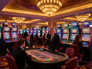 Go8 players engaging around roulette table in vibrant Vegas casino atmosphere.