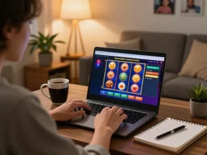 Player exploring xin88's online casino on a laptop with a cozy home setting.